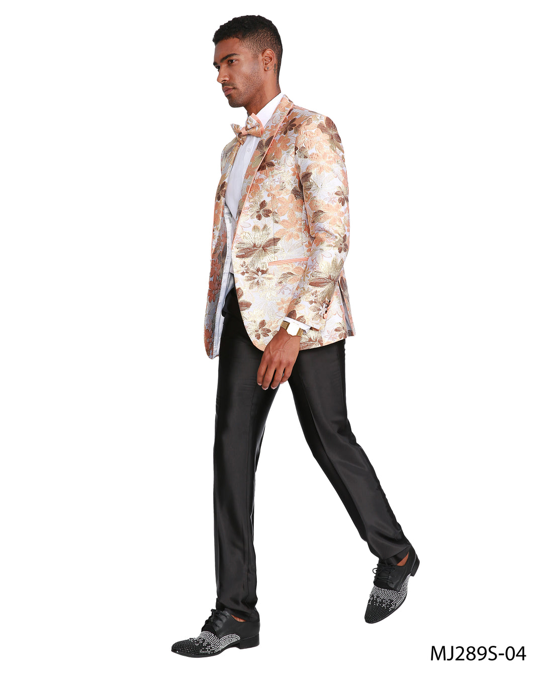 Tazzio Men's Bronze & White Shawl Collar Tuxedo Jacket with Bow Tie – One-Button Formal Blazer