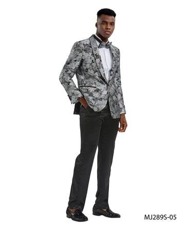 Tazzio Men's Silver Shawl Collar Tuxedo Jacket with Bow Tie – One-Button Formal Blazer