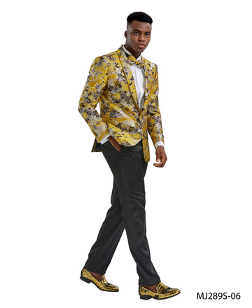 Tazzio Men's Gold Shawl Collar Tuxedo Jacket with Bow Tie – One-Button Formal Blazer