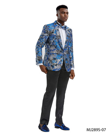 Tazzio Men's Royal Blue Floral Slim-Fit Suit Blazer – Satin Shawl Lapel Formal Jacket