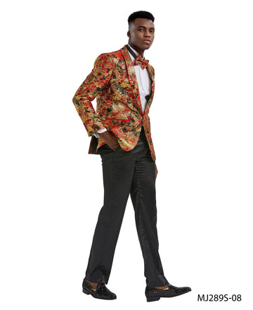 Tazzio Men's Red Floral Slim-Fit Suit Blazer – Satin Shawl Lapel Formal Jacket