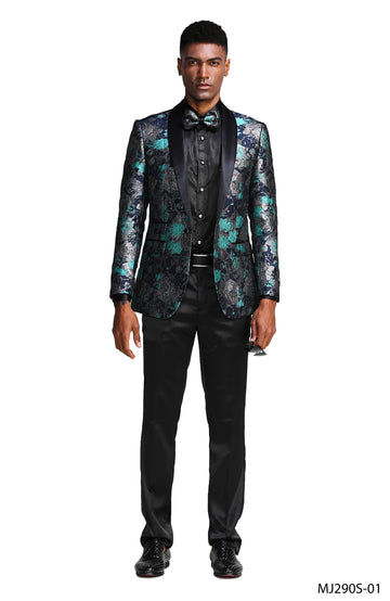 Tazzio Men's Turquoise Floral Slim-Fit Suit Blazer – Satin Shawl Lapel Formal Jacket