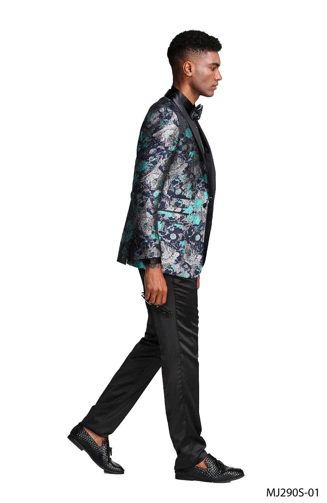 Tazzio Men's Turquoise Floral Slim-Fit Suit Blazer – Satin Shawl Lapel Formal Jacket