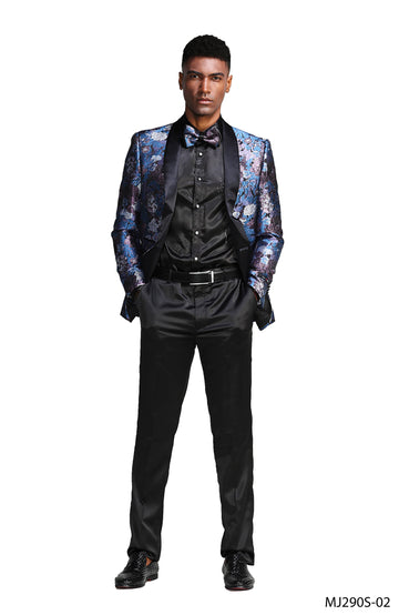 Tazzio Men's Blue Rose Floral Slim-Fit Suit Blazer – Satin Shawl Lapel Formal Jacket