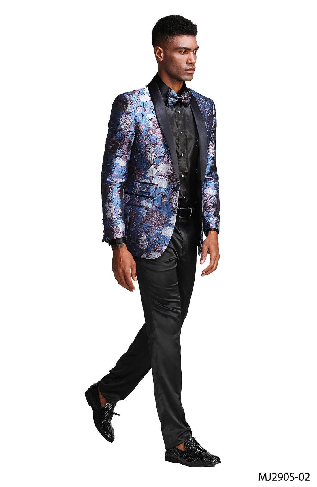 Tazzio Men's Blue Rose Floral Slim-Fit Suit Blazer – Satin Shawl Lapel Formal Jacket