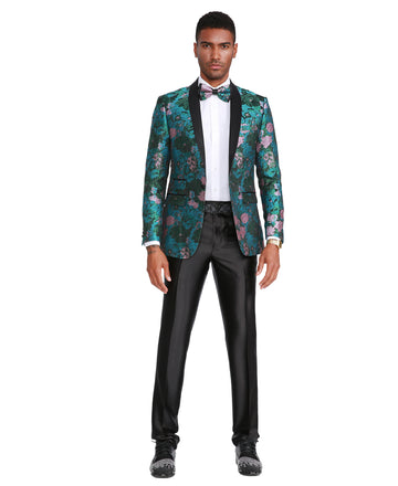 Tazzio Men's Green Floral Slim-Fit Suit Blazer – Satin Shawl Lapel Formal Jacket