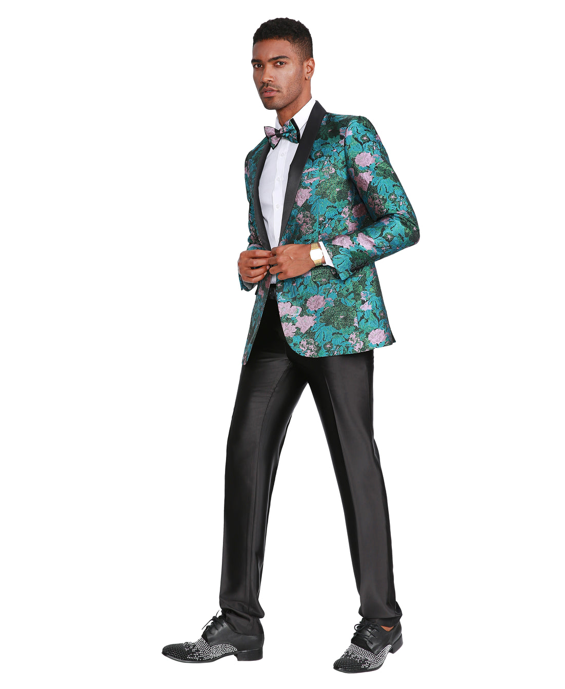 Tazzio Men's Green Floral Slim-Fit Suit Blazer – Satin Shawl Lapel Formal Jacket