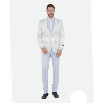 Tazzio Men's White Slim-Fit Paisley Blazer – Satin Shawl Collar Formal Jacket