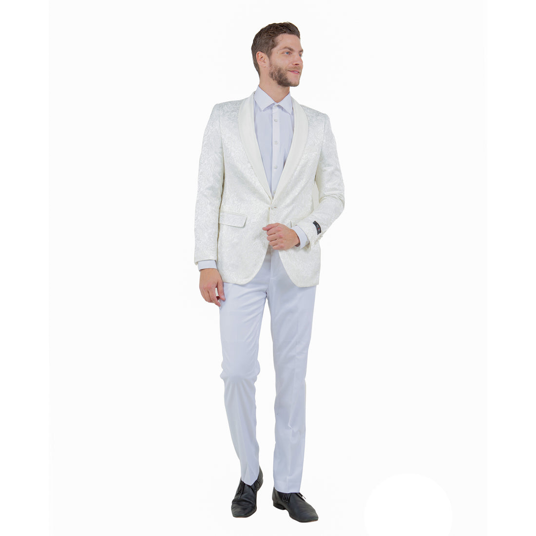 Tazzio Men's White Slim-Fit Paisley Blazer – Satin Shawl Collar Formal Jacket