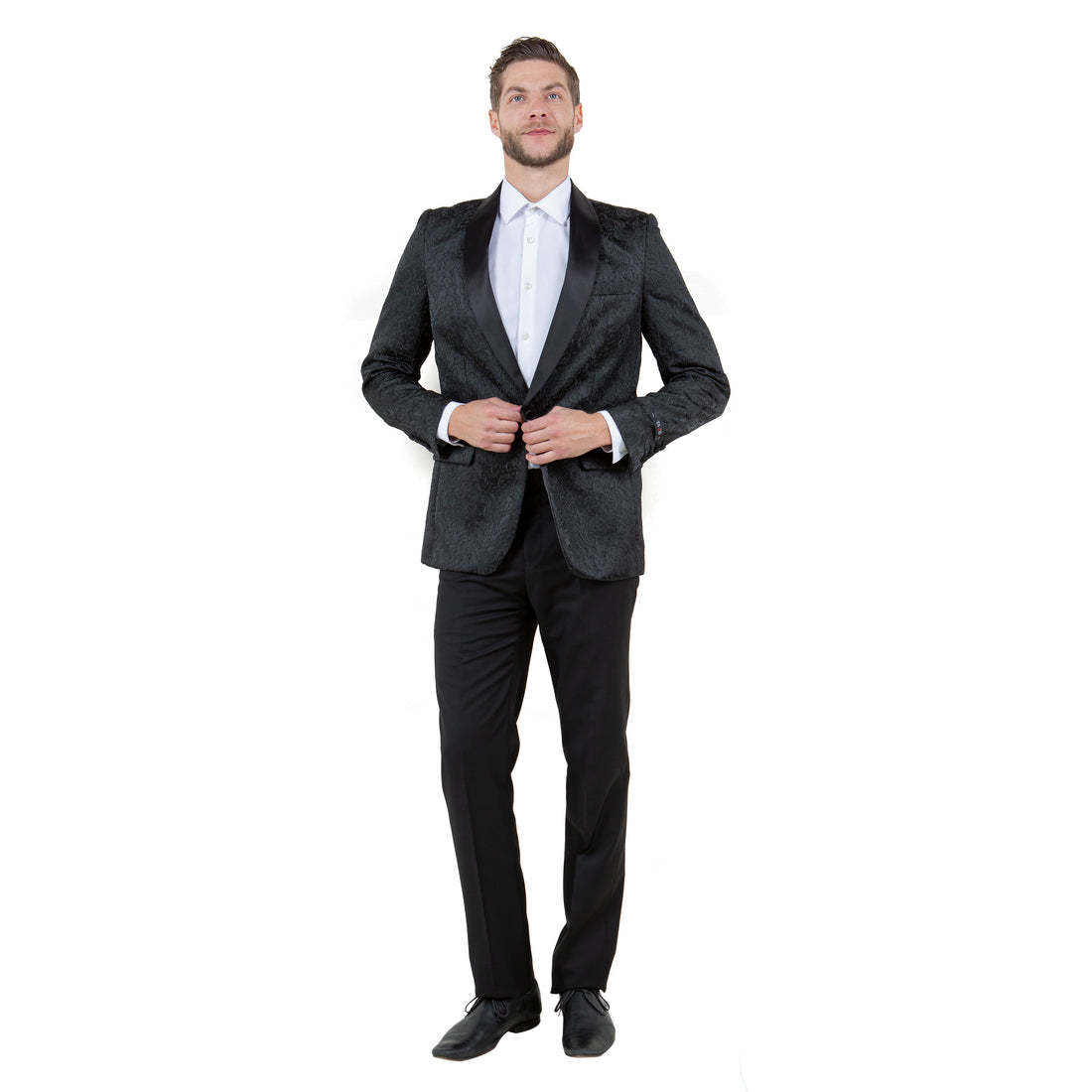 Tazzio Men's Navy Slim-Fit Paisley Blazer – Satin Shawl Collar Formal Jacket