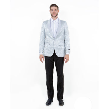 Tazzio Men's Silver Slim-Fit Paisley Blazer – Satin Shawl Collar Formal Jacket