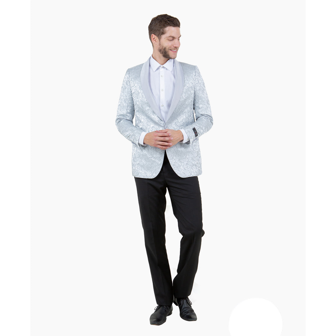 Tazzio Men's Silver Slim-Fit Paisley Blazer – Satin Shawl Collar Formal Jacket