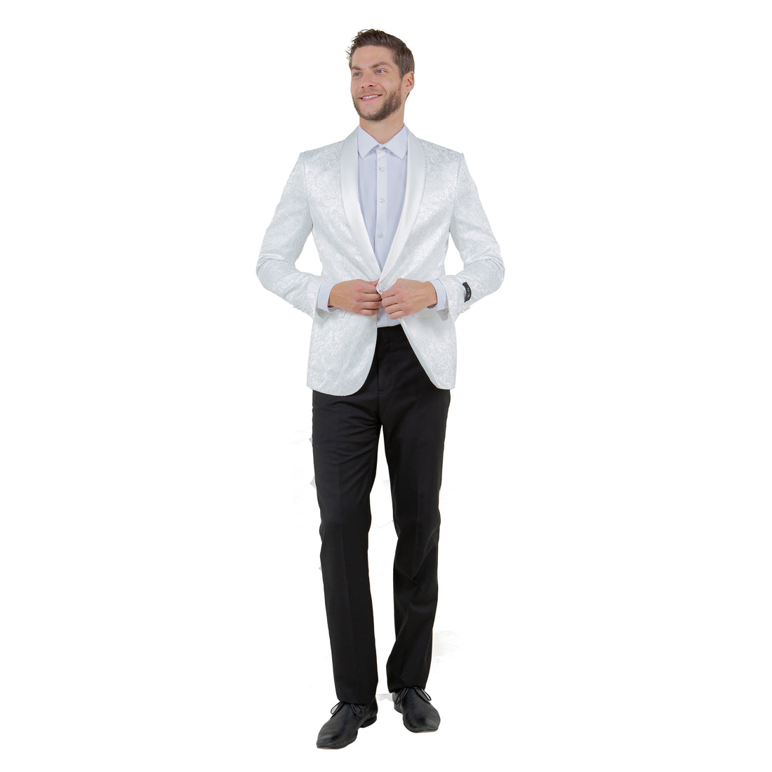 Tazzio Men's Cream Slim-Fit Paisley Blazer – Satin Shawl Collar Formal Jacket