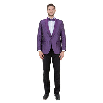 Tazzio Men's Purple Slim-Fit Paisley Blazer – Satin Shawl Collar Formal Jacket