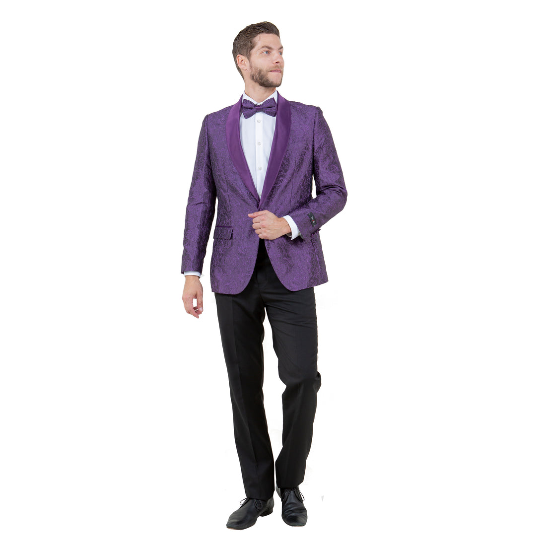 Tazzio Men's Purple Slim-Fit Paisley Blazer – Satin Shawl Collar Formal Jacket