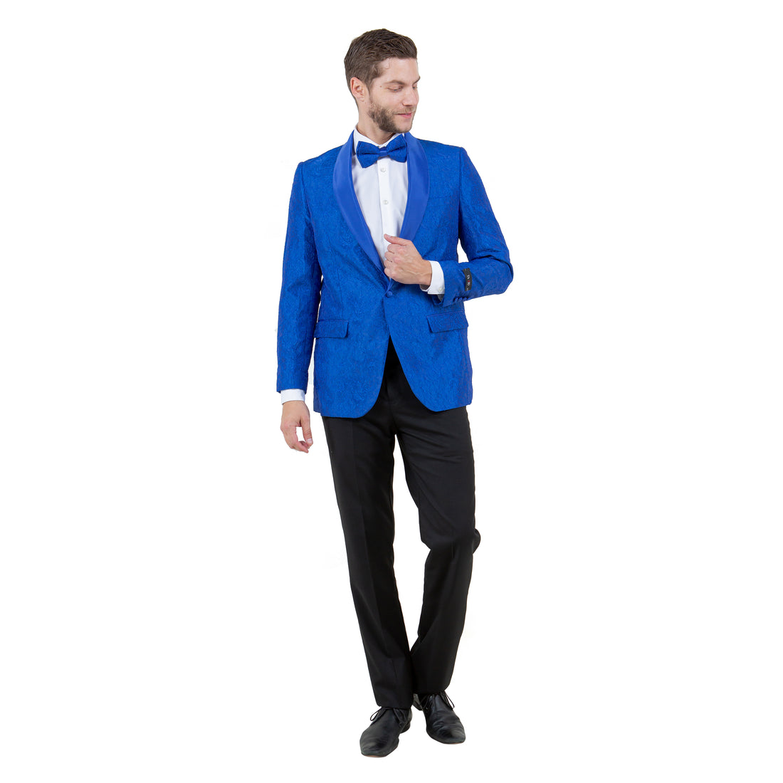 Tazzio Men's Royal Blue Slim-Fit Paisley Blazer – Satin Shawl Collar Formal Jacket