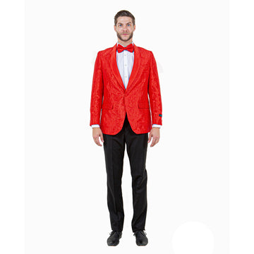 Tazzio Men's Red Slim-Fit Paisley Blazer – Satin Shawl Collar Formal Jacket