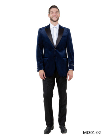 Tazzio Men's Navy Velvet Slim-Fit Blazer – Satin Shawl Collar Formal Jacket