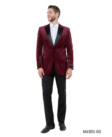 Tazzio Men's Burgundy Velvet Slim-Fit Blazer – Satin Shawl Collar Formal Jacket
