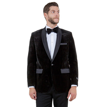 Tazzio Men's Black Velvet Slim-Fit Blazer – Satin Shawl Collar Formal Jacket