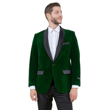 Tazzio Men's Green Velvet Slim-Fit Blazer – Satin Shawl Collar Formal Jacket