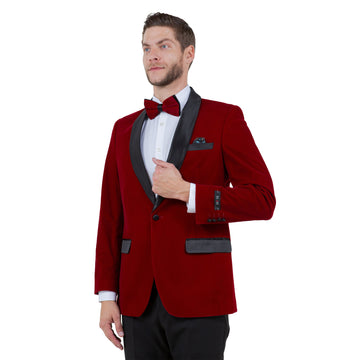 Tazzio Men's Red Velvet Slim-Fit Blazer – Satin Shawl Collar Formal Jacket