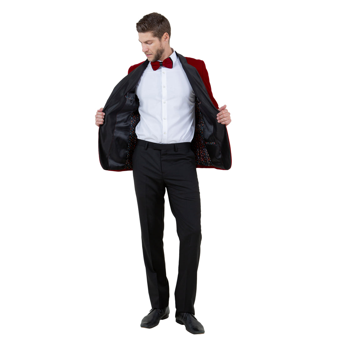 Tazzio Men's Red Velvet Slim-Fit Blazer – Satin Shawl Collar Formal Jacket