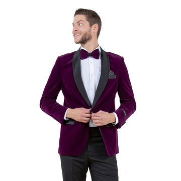 Tazzio Men's Purple Velvet Slim-Fit Blazer – Satin Shawl Collar Formal Jacket