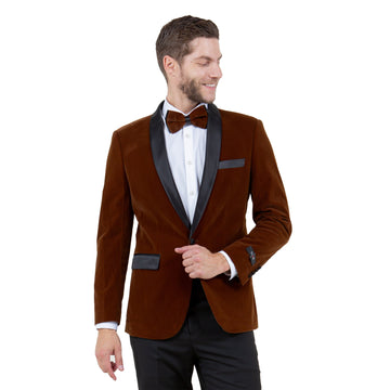 Tazzio Men's Camel Velvet Slim-Fit Blazer – Satin Shawl Collar Formal Jacket