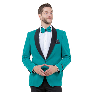 Tazzio Men's Teal Floral Jacquard Jacket – Black Satin Shawl Lapel Blazer