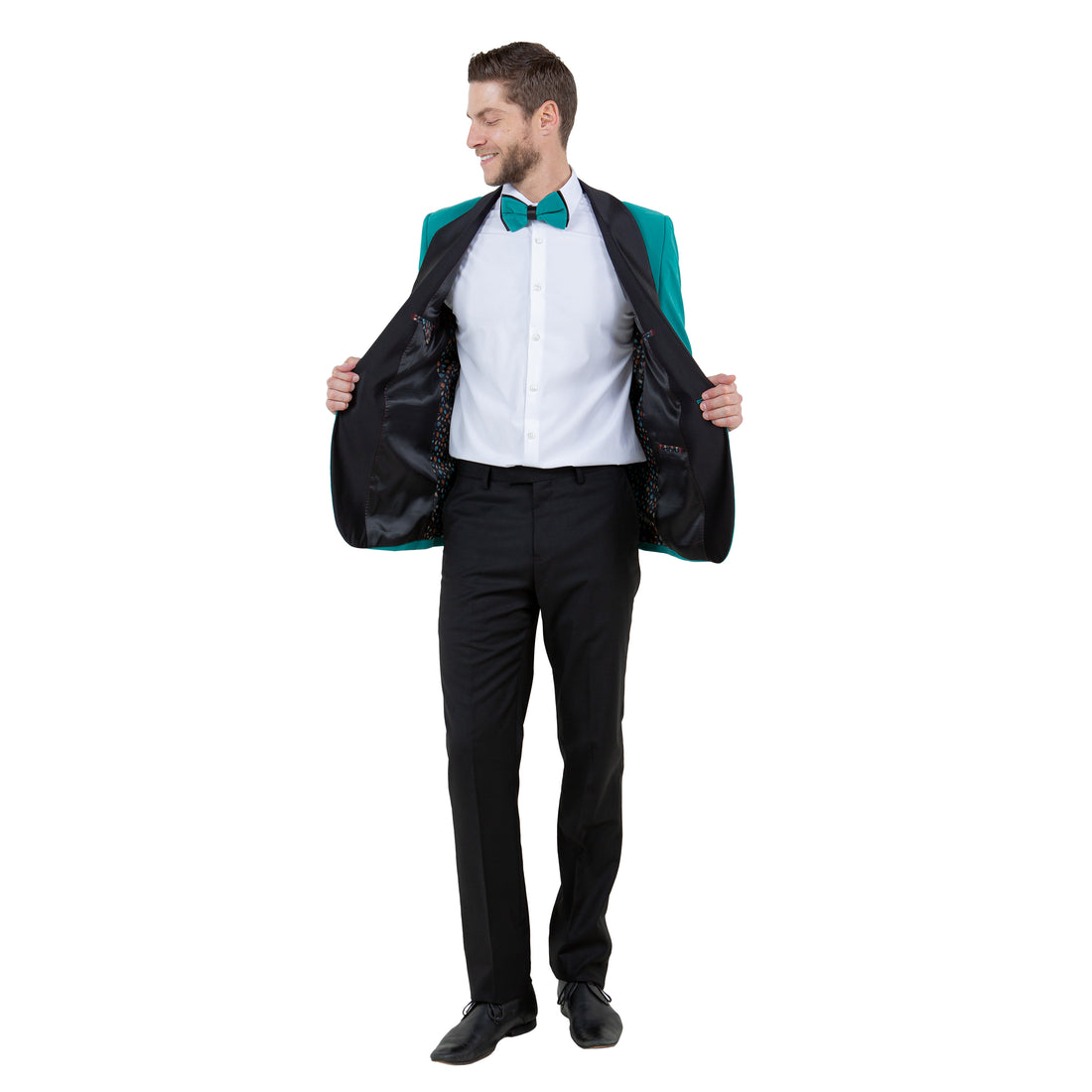 Tazzio Men's Teal Floral Jacquard Jacket – Black Satin Shawl Lapel Blazer
