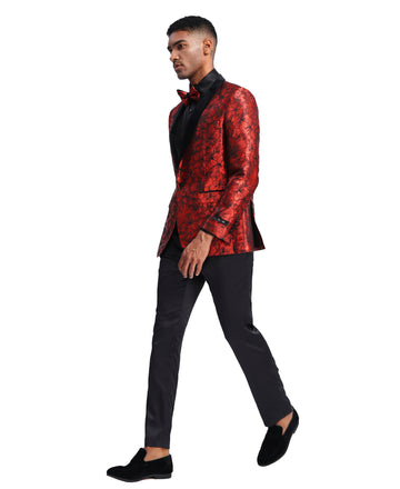 Tazzio Men's Red & Black Floral Jacquard Dinner Jacket – Satin Shawl Lapel Blazer