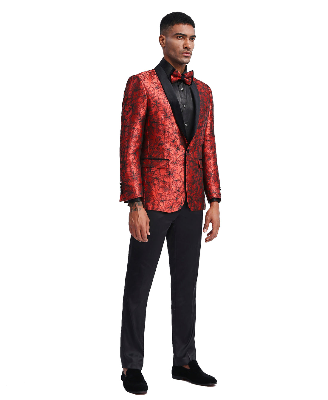 Tazzio Men's Red & Black Floral Jacquard Dinner Jacket – Satin Shawl Lapel Blazer