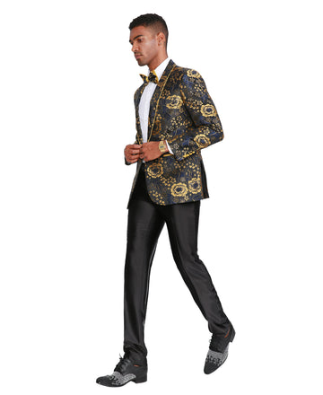 Men's Gold & Black Floral Jacquard Dinner Jacket – Contrast Trim Formal Blazer