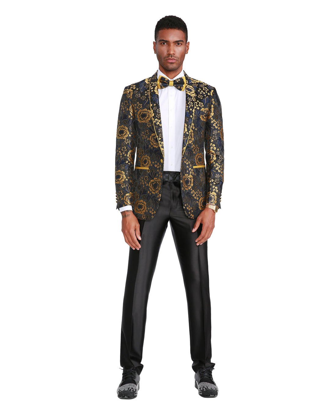 Men's Gold & Black Floral Jacquard Dinner Jacket – Contrast Trim Formal Blazer