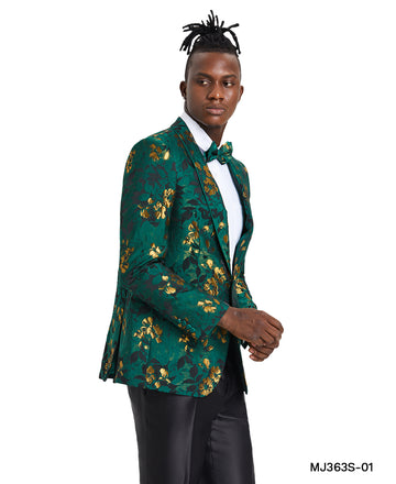 Tazzio Men's Green & Gold Floral Slim-Fit Blazer – Satin Shawl Collar Sport Coat