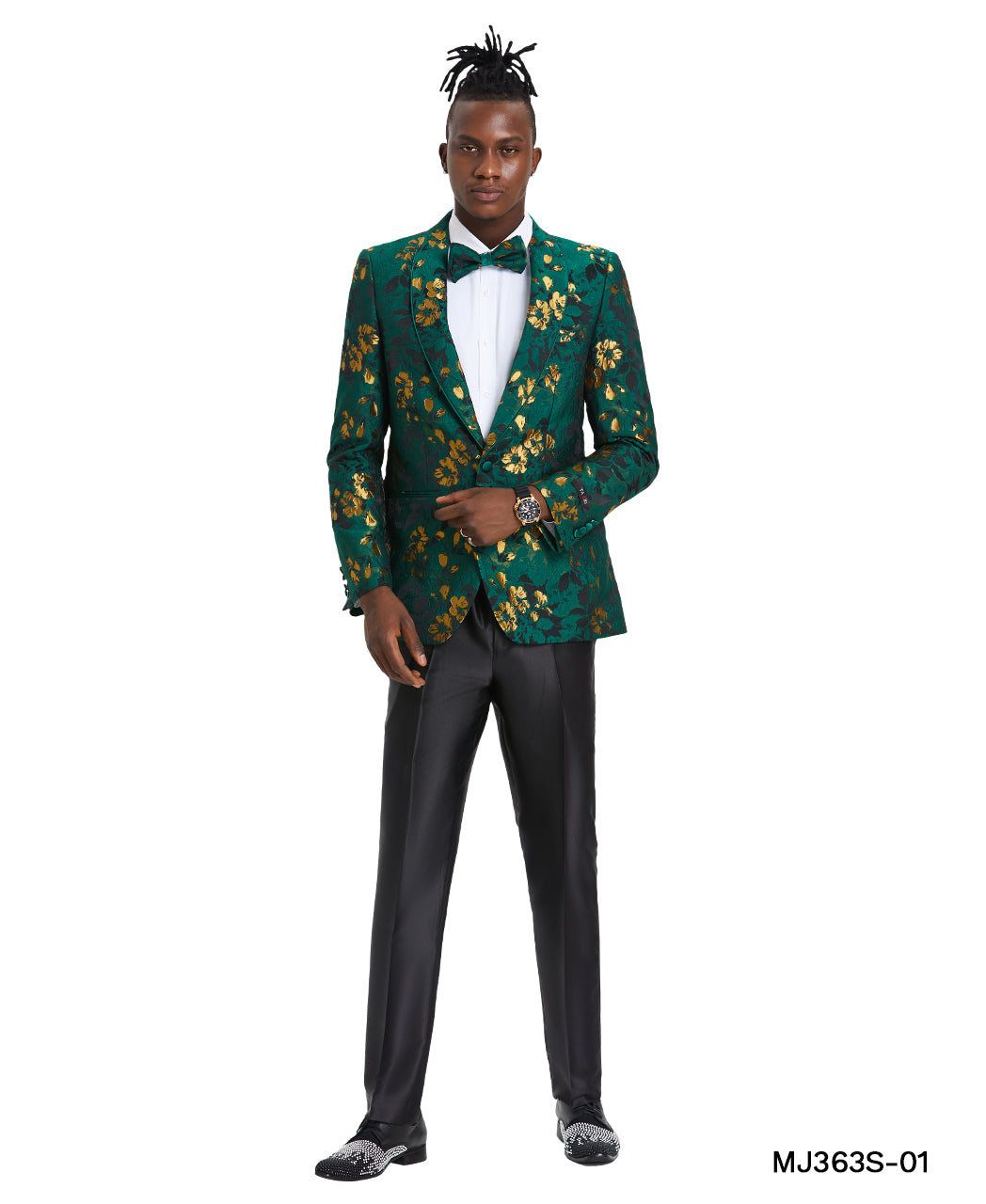 Tazzio Men's Green & Gold Floral Slim-Fit Blazer – Satin Shawl Collar Sport Coat
