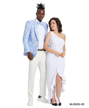 Tazzio Men's Sky Blue & Silver Floral Slim-Fit Blazer – Satin Shawl Collar Sport Coat
