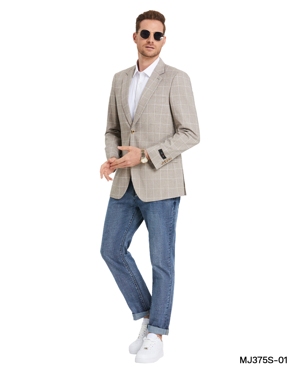 Tazzio Men's Tan Plaid Slim-Fit Blazer – One-Button Notch Lapel Sport Coat