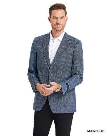 Tazzio Men's Blue Windowpane Slim-Fit Blazer – One-Button Notch Lapel Sport Coat