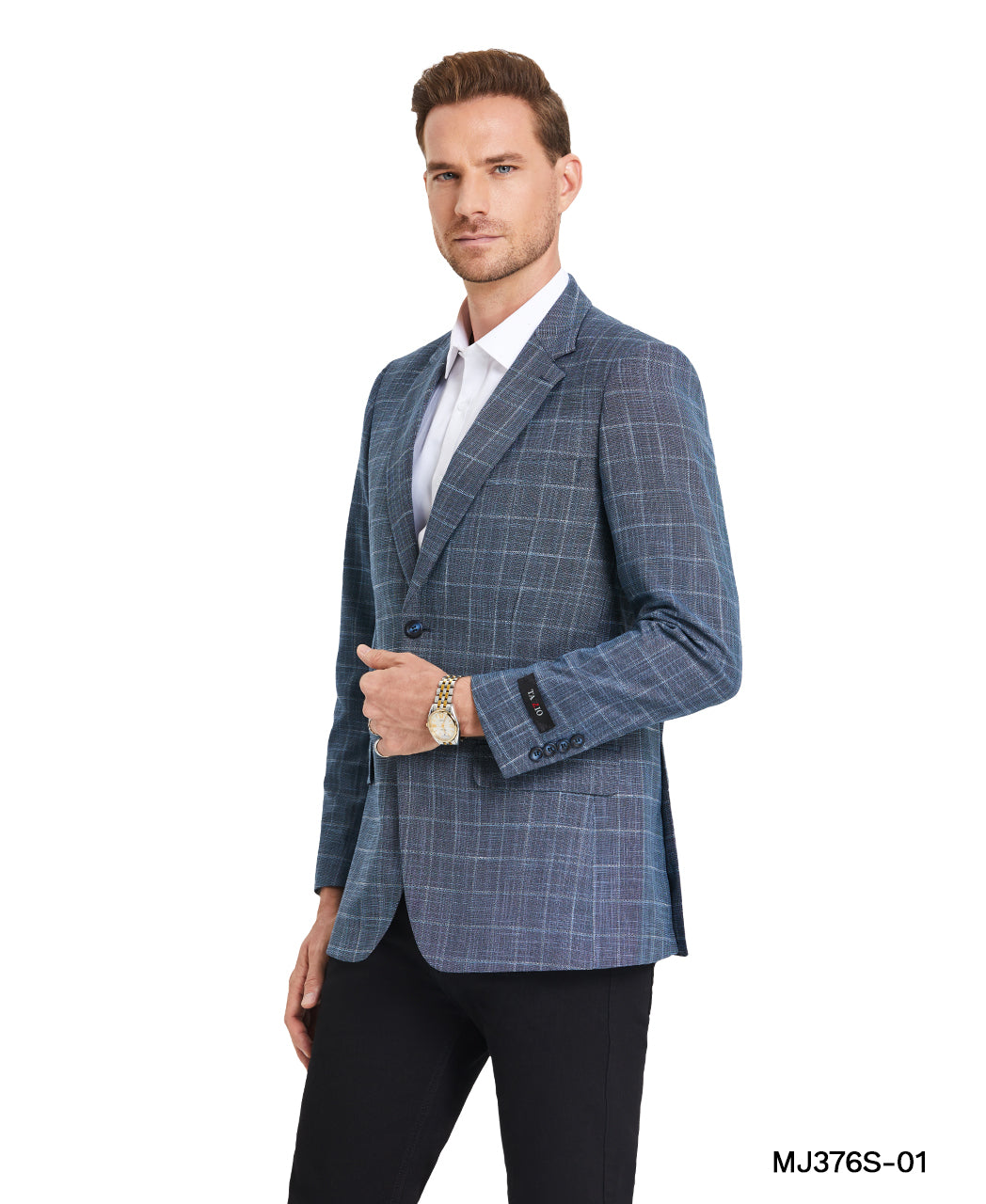Tazzio Men's Blue Windowpane Slim-Fit Blazer – One-Button Notch Lapel Sport Coat