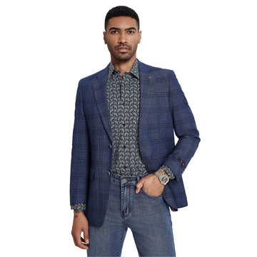 Tazzio Men's Blue Glen Plaid Blazer – Slim Fit Two-Button Sport Coat