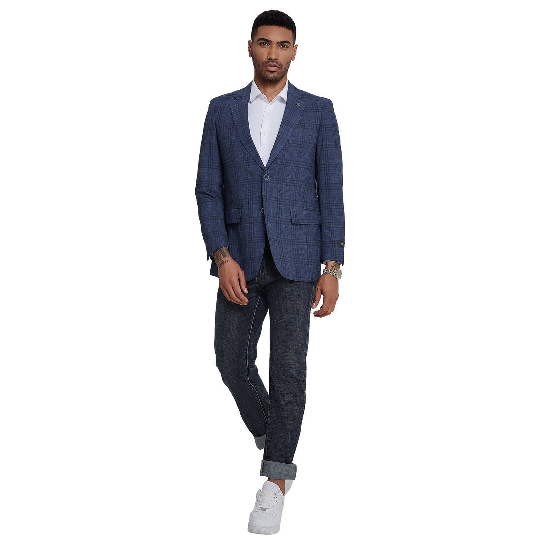 Tazzio Men's Blue Glen Plaid Blazer – Slim Fit Two-Button Sport Coat