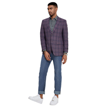 Tazzio Men's Purple Glen Plaid Blazer – Slim Fit Two-Button Sport Coat