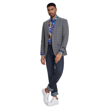 Tazzio Men's Grey Glen Check Blazer – Slim Fit Two-Button Sport Coat