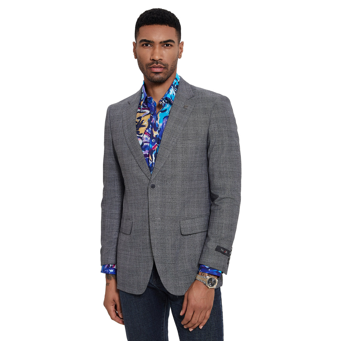 Tazzio Men's Grey Glen Check Blazer – Slim Fit Two-Button Sport Coat