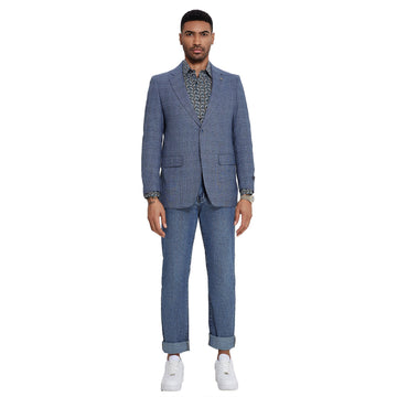 Tazzio Men's Blue Glen Check Blazer – Slim Fit Two-Button Sport Coat