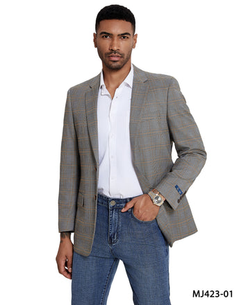 Zegarie Men's Tan & Grey Plaid Sport Coat – Modern Fit Two-Button Blazer