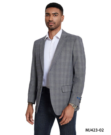 Zegarie Men's Grey Glen Plaid Sport Coat – Blue Windowpane Modern Fit Blazer
