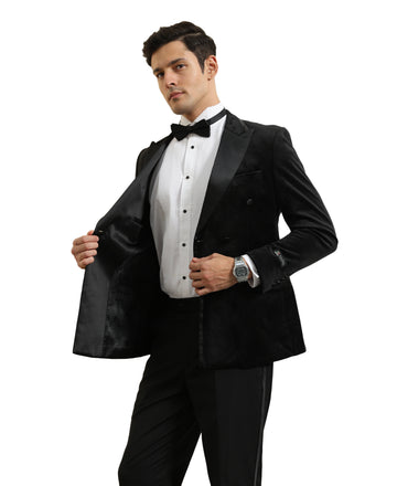 Tazzio Men's Black Velvet Tuxedo Sport Coat – Satin Peak Lapel Formal Blazer